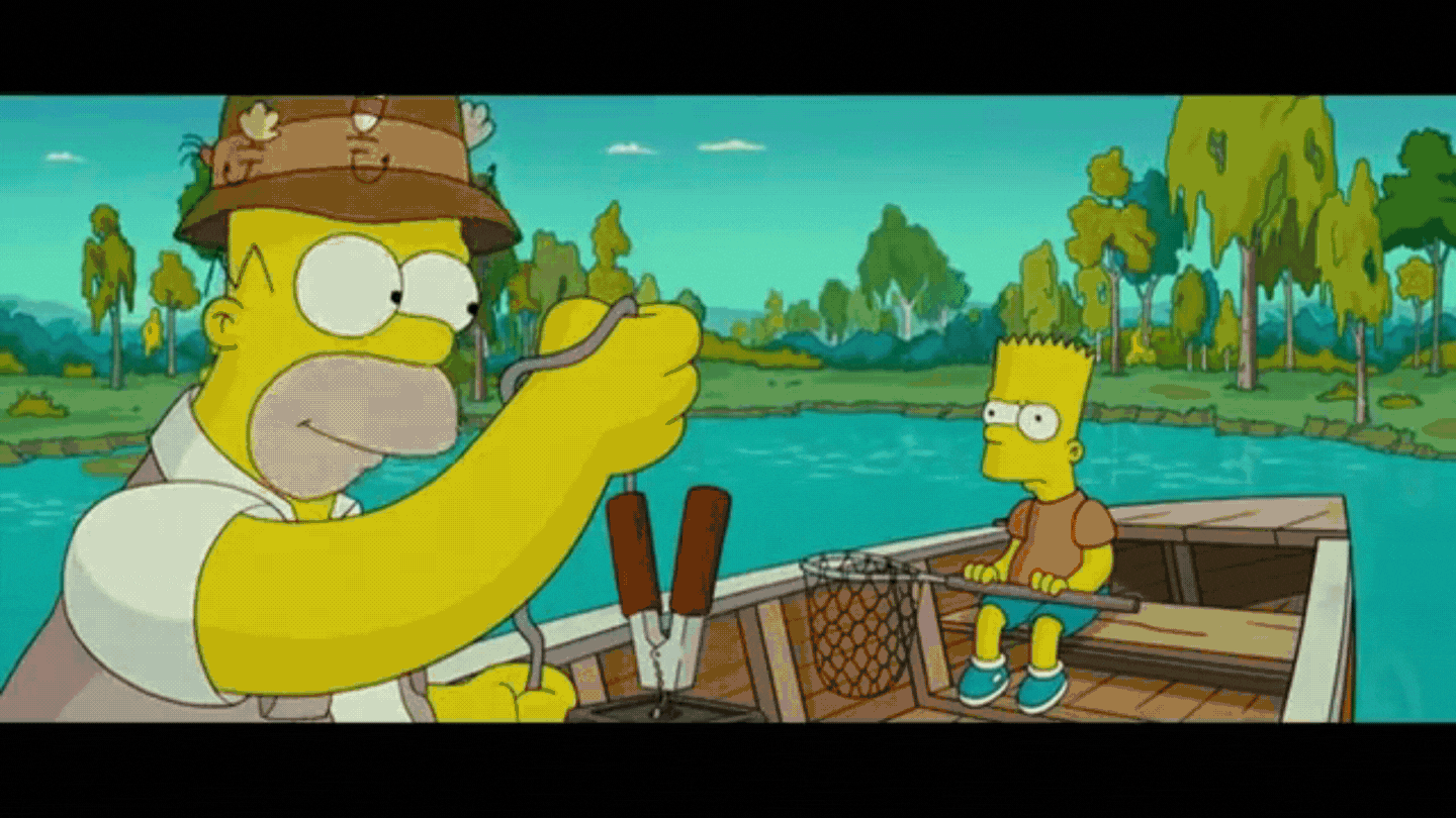 Gif of Homer and Bart fishing Bye Bye Fishies